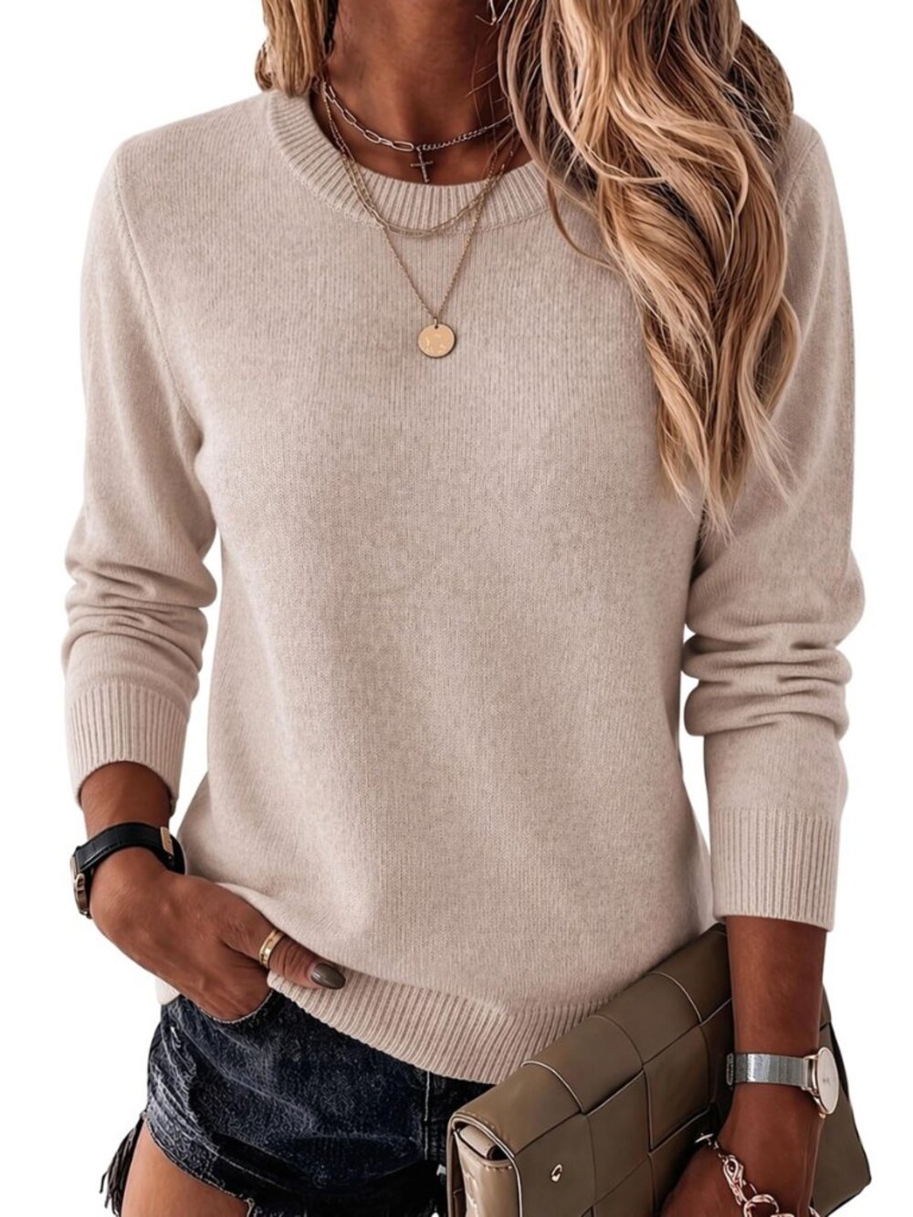 Womens Wool Blend Sweater Crewneck Long Sleeve Tops Fashion Clothing